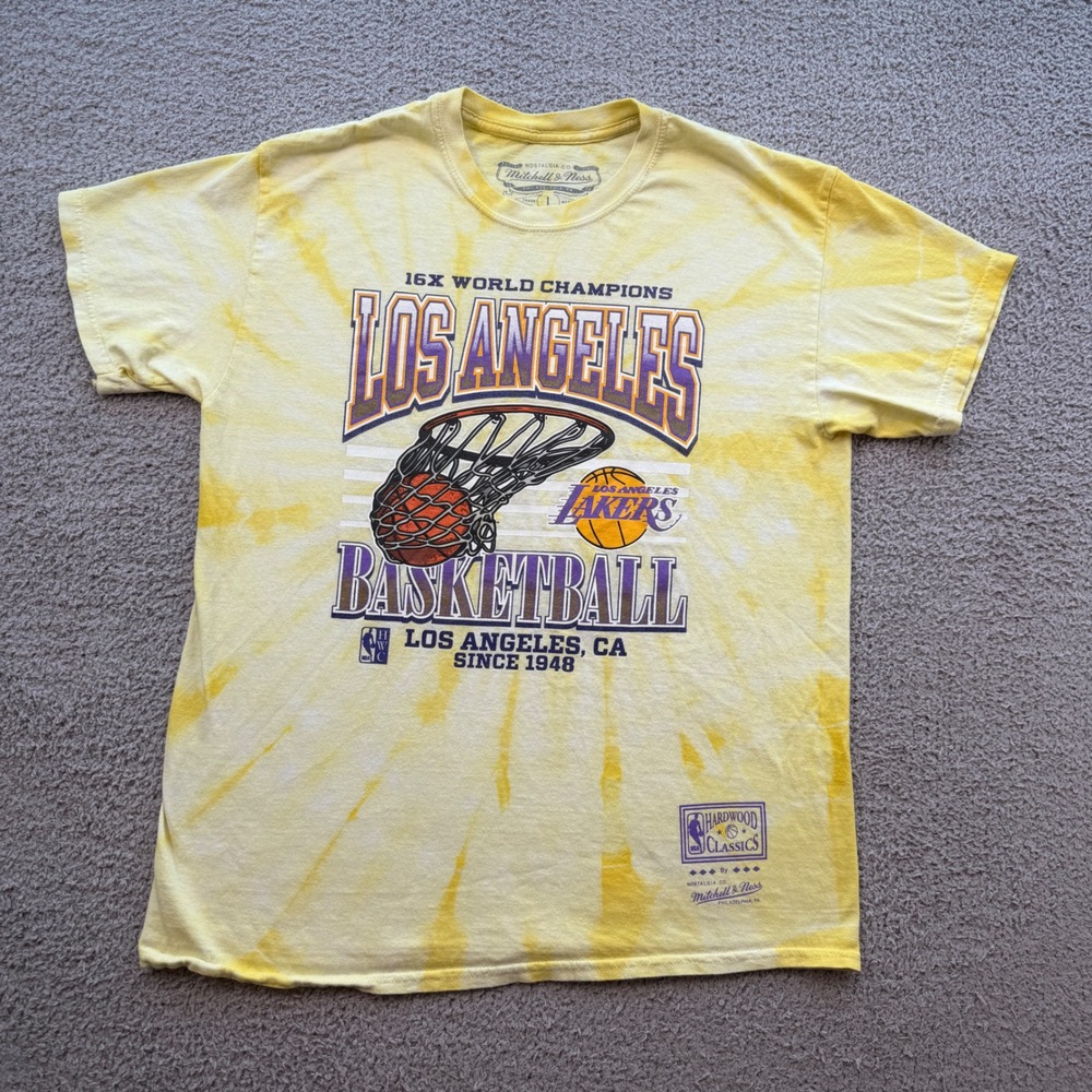 Mitchell & Ness Lakers 16X World Champions Tie Dye T-Shirt Mens Large Yellow